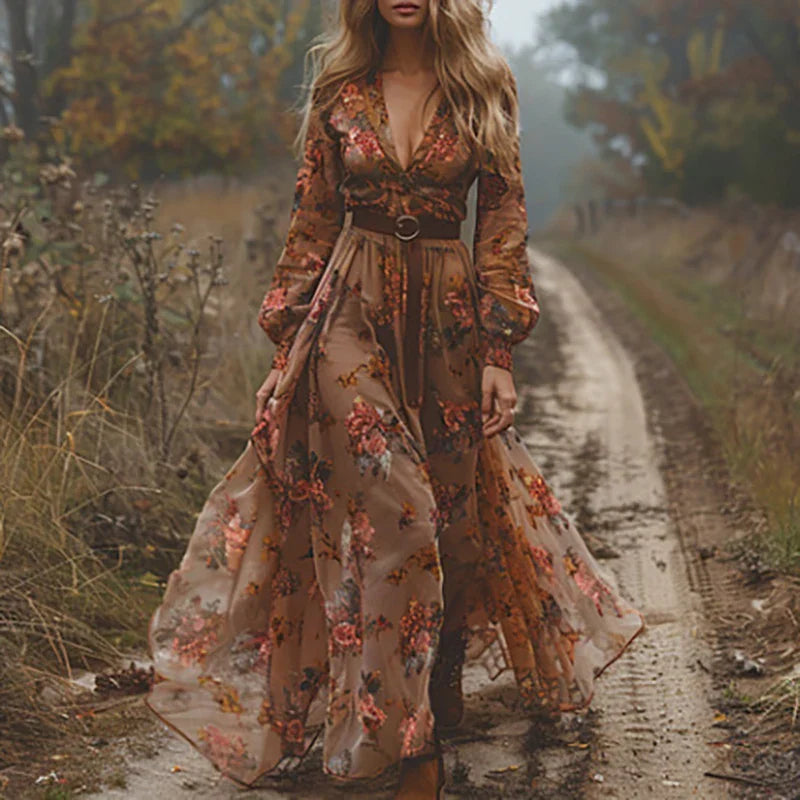Selvara | Women's Bohemian Floral Maxi Dress with sleeves