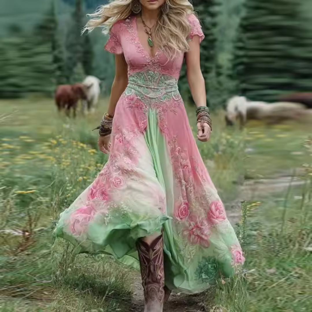 Avelina | Women's Boho Maxi Dress with Short Sleeves