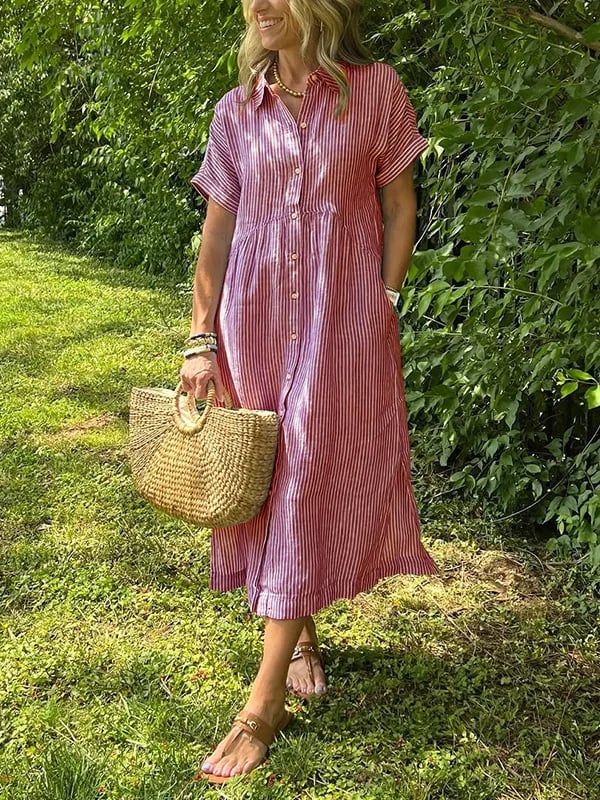 Corinne | Women's Striped Button-Up Casual Midi Dress