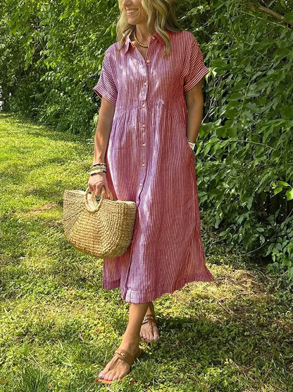 Corinne | Women's Striped Button-Up Casual Midi Dress