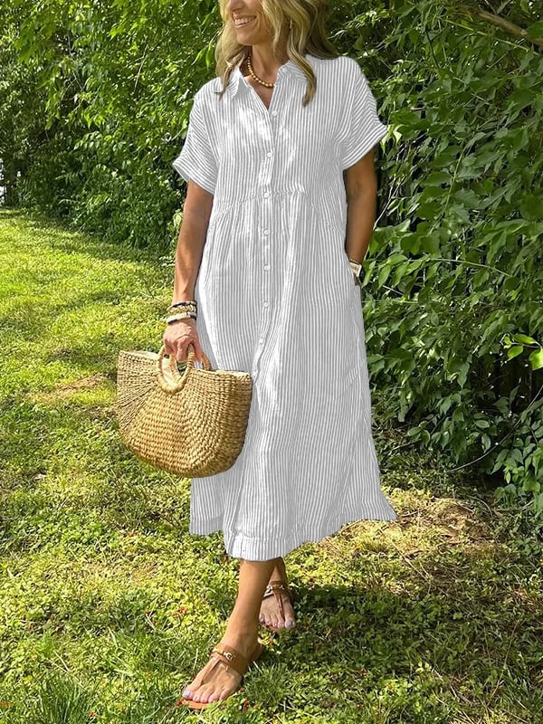 Corinne | Women's Striped Button-Up Casual Midi Dress