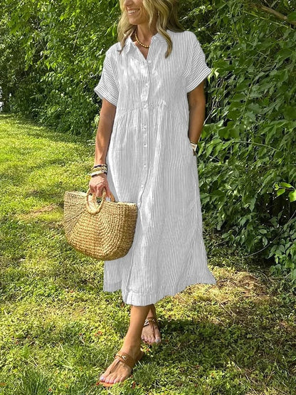 Corinne | Women's Striped Button-Up Casual Midi Dress