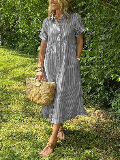 Corinne | Women's Striped Button-Up Casual Midi Dress