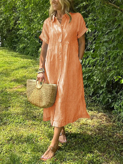Corinne | Women's Striped Button-Up Casual Midi Dress