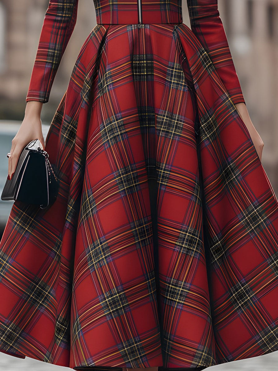 Mila | Women's Long Sleeve Plaid Full Skirt Midi Dress