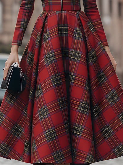 Mila | Women's Long Sleeve Plaid Full Skirt Midi Dress