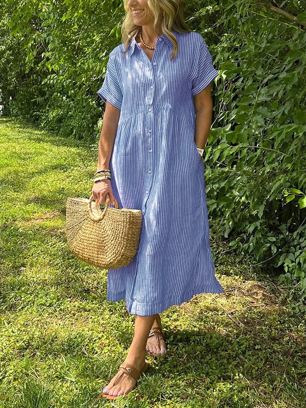 Corinne | Women's Striped Button-Up Casual Midi Dress