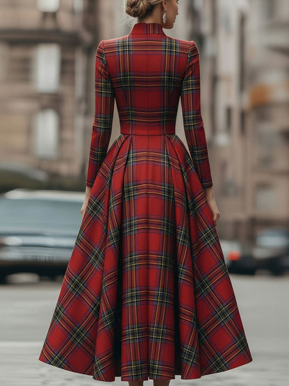 Mila | Women's Long Sleeve Plaid Full Skirt Midi Dress