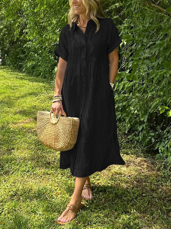 Corinne | Women's Striped Button-Up Casual Midi Dress