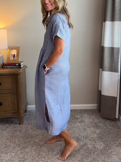 Corinne | Women's Striped Button-Up Casual Midi Dress