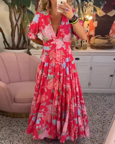 Harper | Women's Floral V-neck Maxi Dress With Short Sleeves
