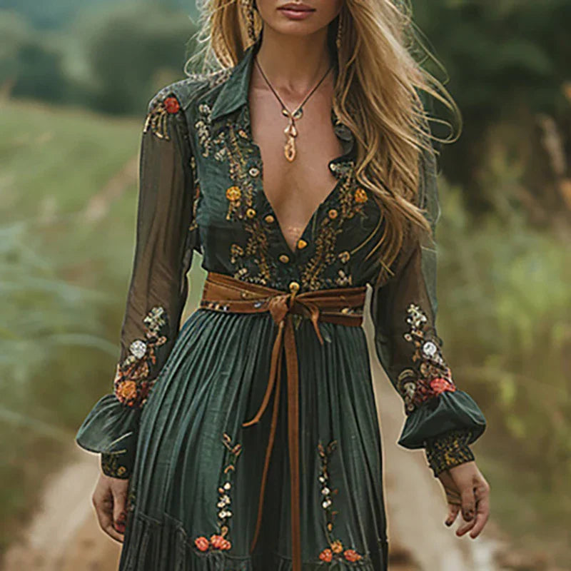 Selvara | Women's Bohemian Floral Maxi Dress with sleeves