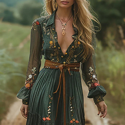 Selvara | Women's Bohemian Floral Maxi Dress with sleeves
