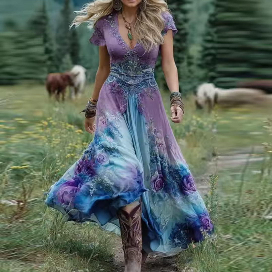 Avelina | Women's Boho Maxi Dress with Short Sleeves