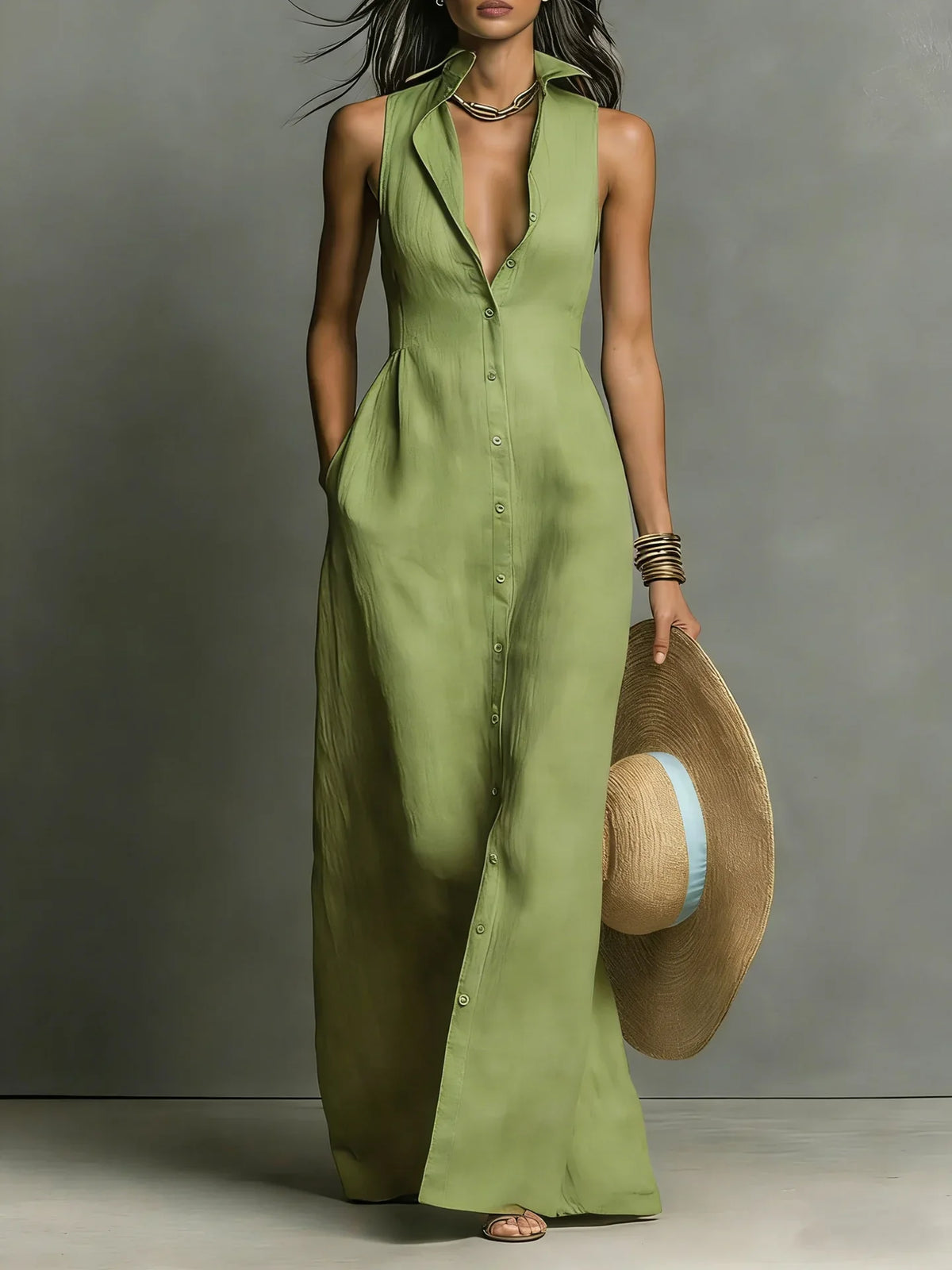 Sophia | Women's Elegant Button Sleeveless Shirtdress
