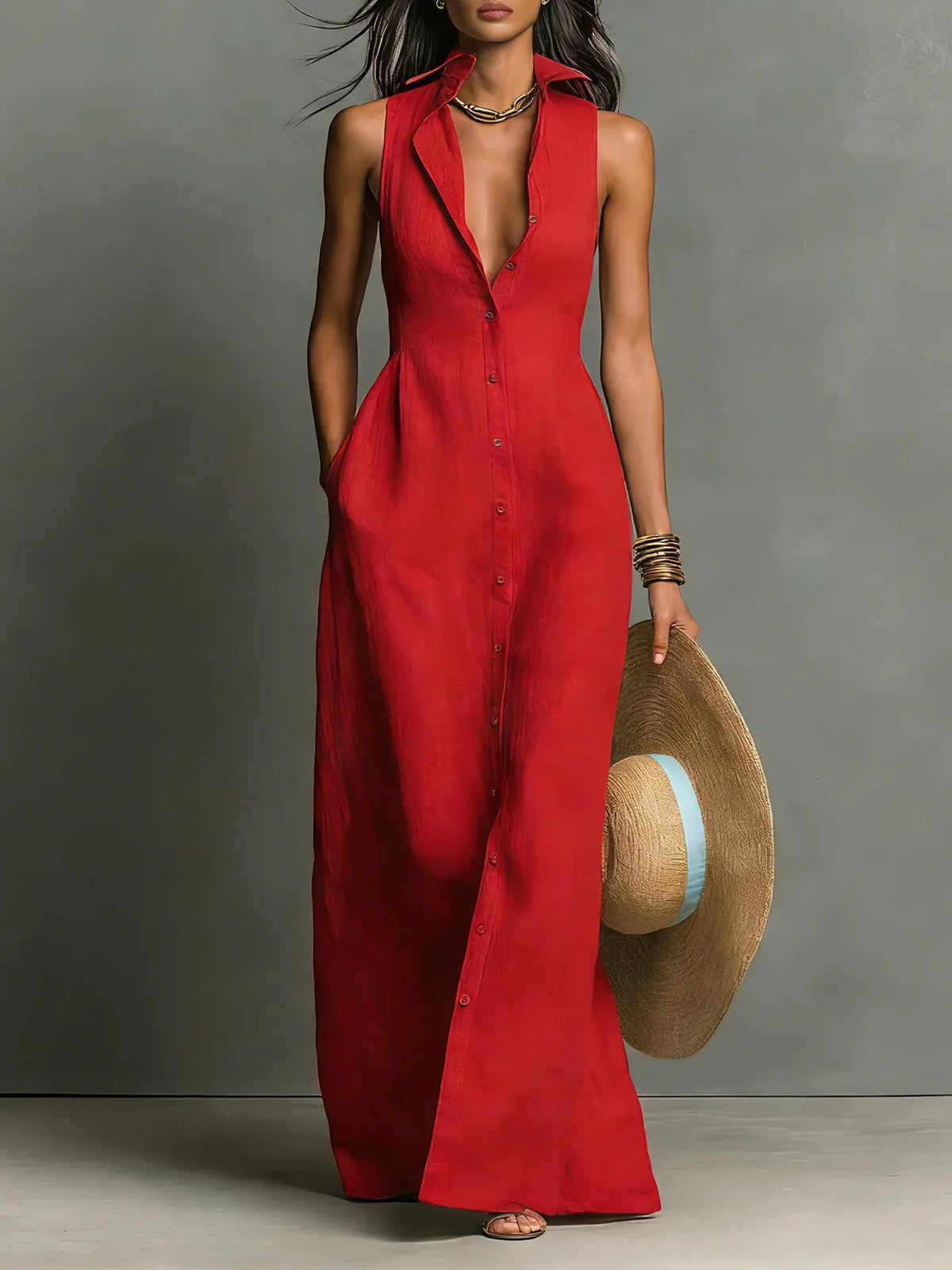 Sophia | Women's Elegant Button Sleeveless Shirtdress