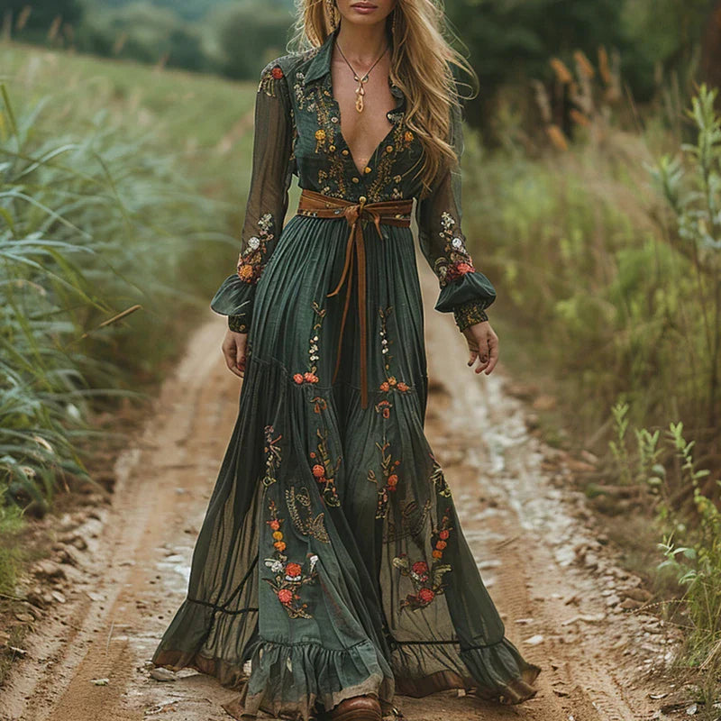 Selvara | Women's Bohemian Floral Maxi Dress with sleeves