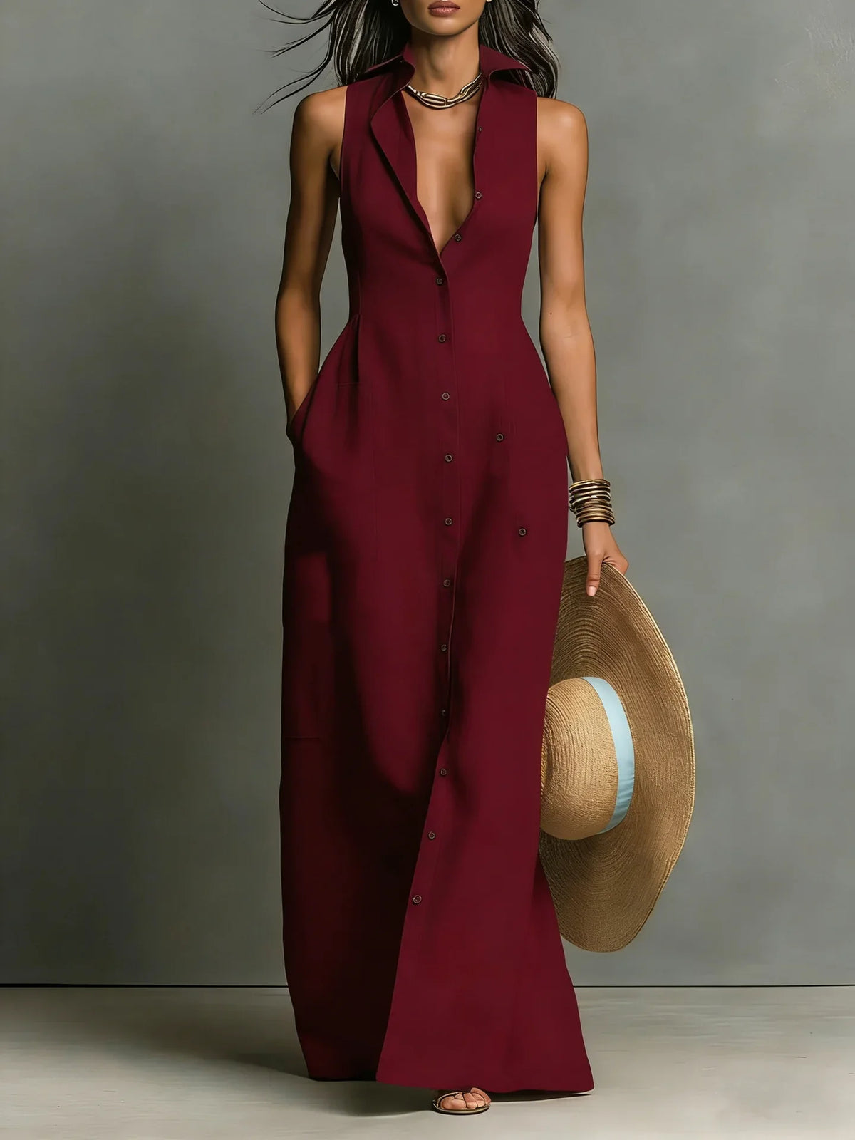 Sophia | Women's Elegant Button Sleeveless Shirtdress