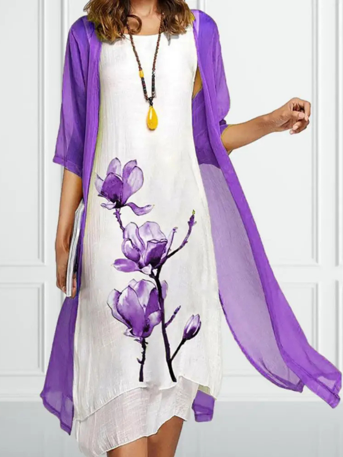 Esme | Women's Layered Sleeveless Midi Dress With Chiffon Cardigan Set