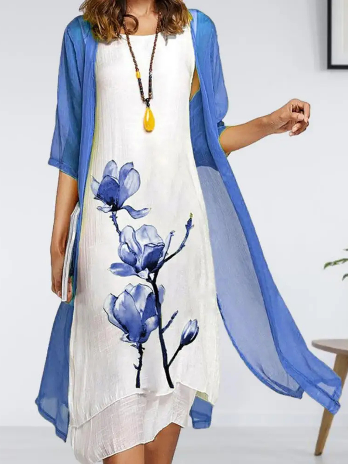 Esme | Women's Layered Sleeveless Midi Dress With Chiffon Cardigan Set