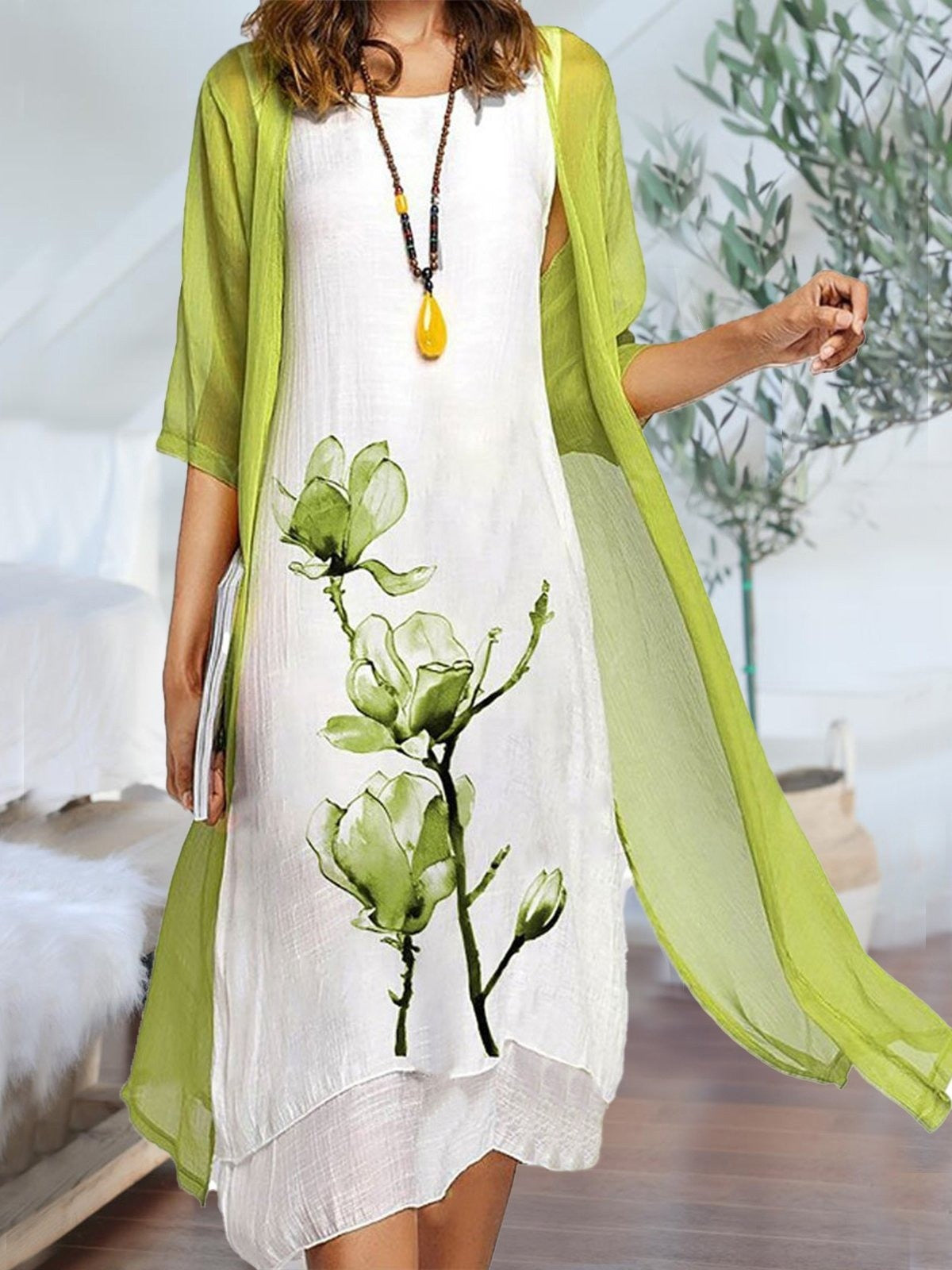 Esme | Women's Layered Sleeveless Midi Dress With Chiffon Cardigan Set