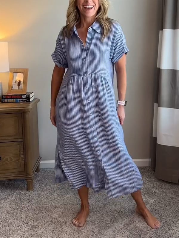 Corinne | Women's Striped Button-Up Casual Midi Dress