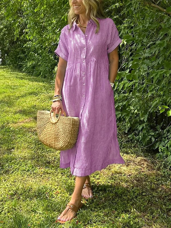 Corinne | Women's Striped Button-Up Casual Midi Dress