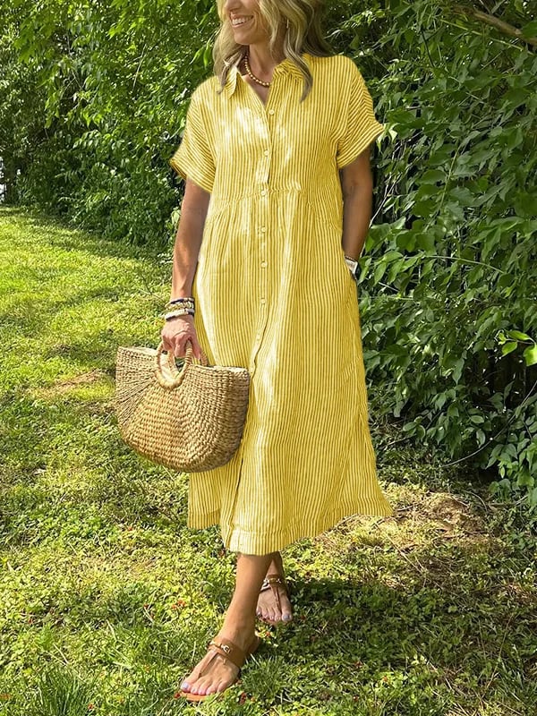 Corinne | Women's Striped Button-Up Casual Midi Dress