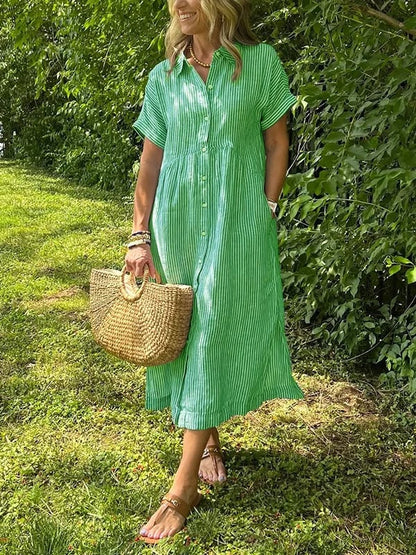 Corinne | Women's Striped Button-Up Casual Midi Dress