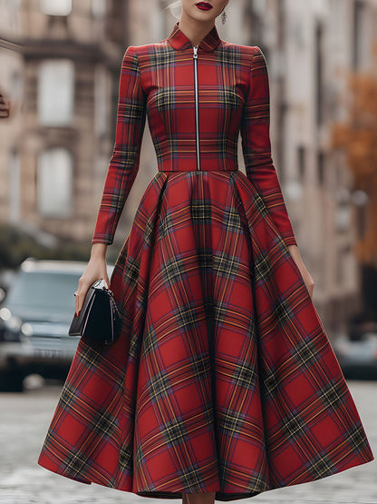 Mila | Women's Long Sleeve Plaid Full Skirt Midi Dress