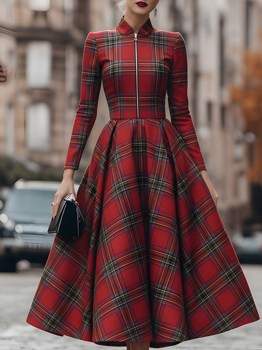 Mila | Women's Long Sleeve Plaid Full Skirt Midi Dress
