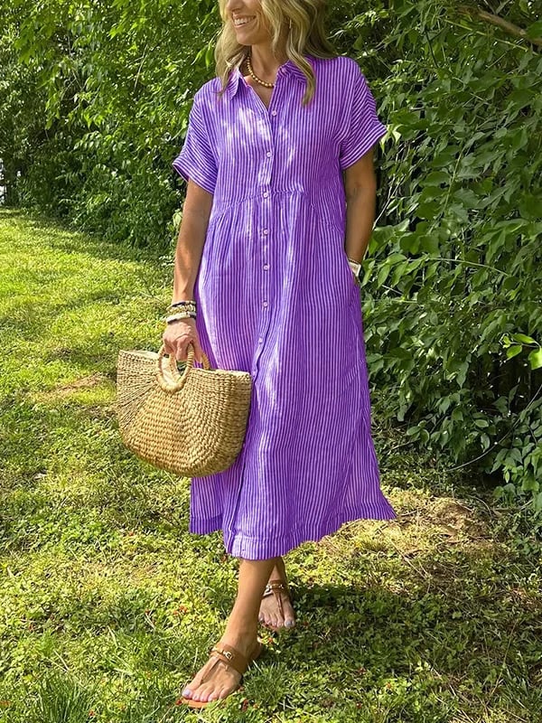 Corinne | Women's Striped Button-Up Casual Midi Dress