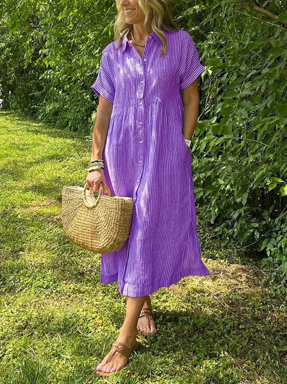 Corinne | Women's Striped Button-Up Casual Midi Dress