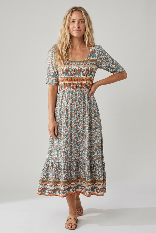Calliope | Women's Elegant Printed Boho Midi Dress
